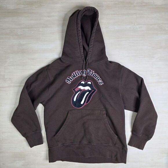 Y2K Rolling Stones Brown Hoodie Band Fleece Vintage Tour Concert Size Medium - Picture 1 of 7
